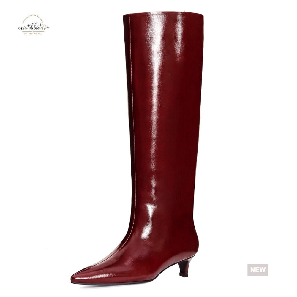 Kitten Heel Knee High Boots, 1.5-Inch Stiletto, Pointed Toe, Faux Leather